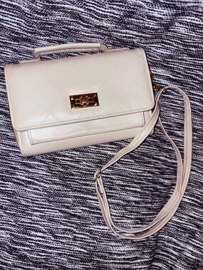 Cream Quilted Top-Handle Crossbody with Gold Turn-Lock